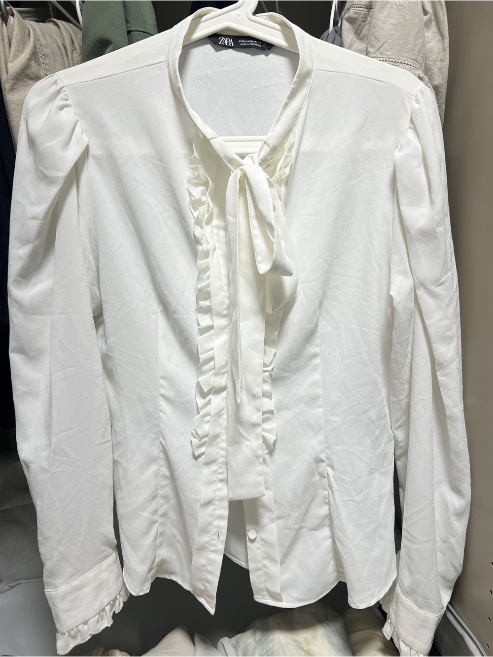 Zara White Ruffle Tie-Neck Blouse